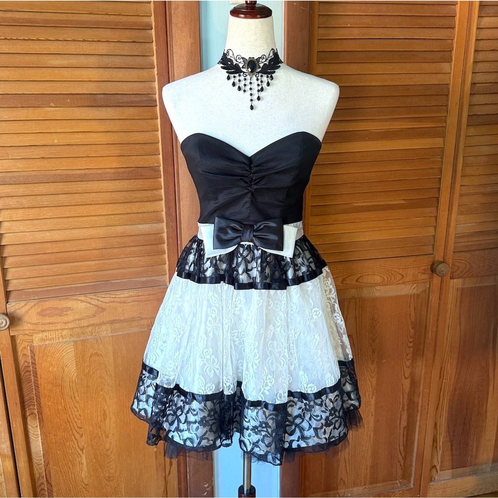 Vintage Jessica McClintock Gunne Sax Retro Ivory Black Bow Strapless Dress 11=M