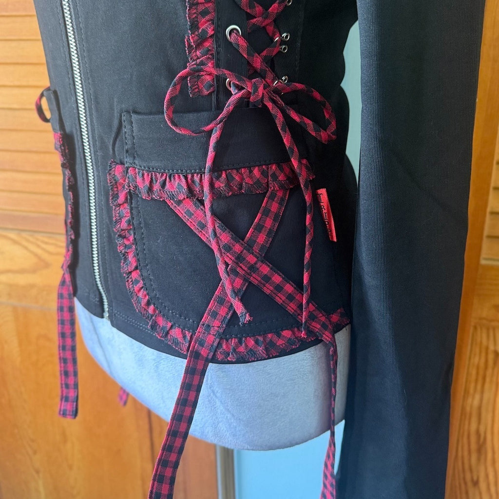 Tripp NYC Gothic Lolita Punk Black & Red Plaid Accents Lace-Up Sides Hoodie