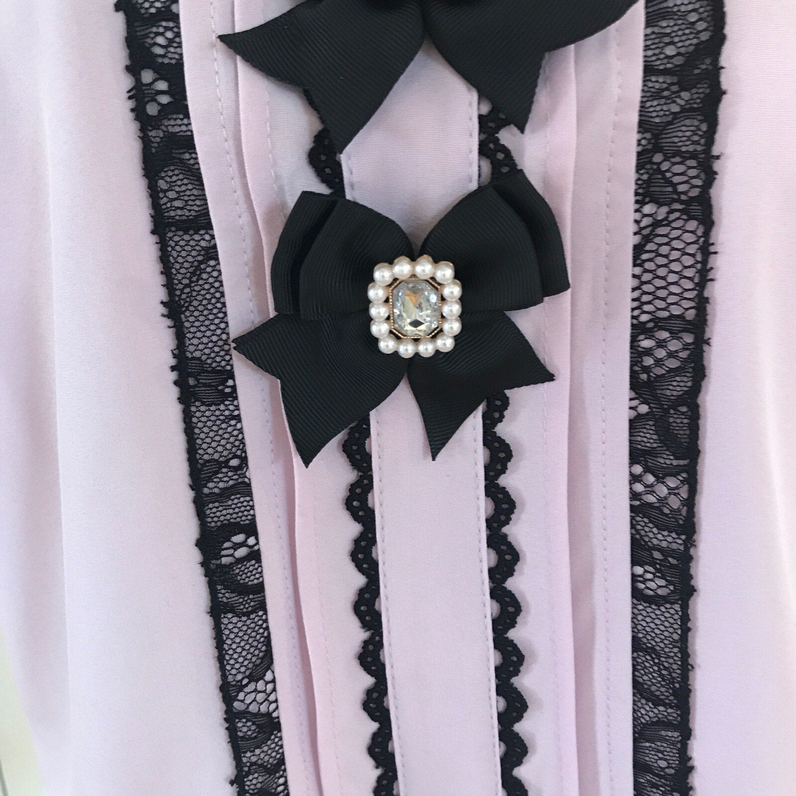 Lolita Victorian J-fashion Jirai Kei Pink Black Bows Open Shoulder Blouse Top L