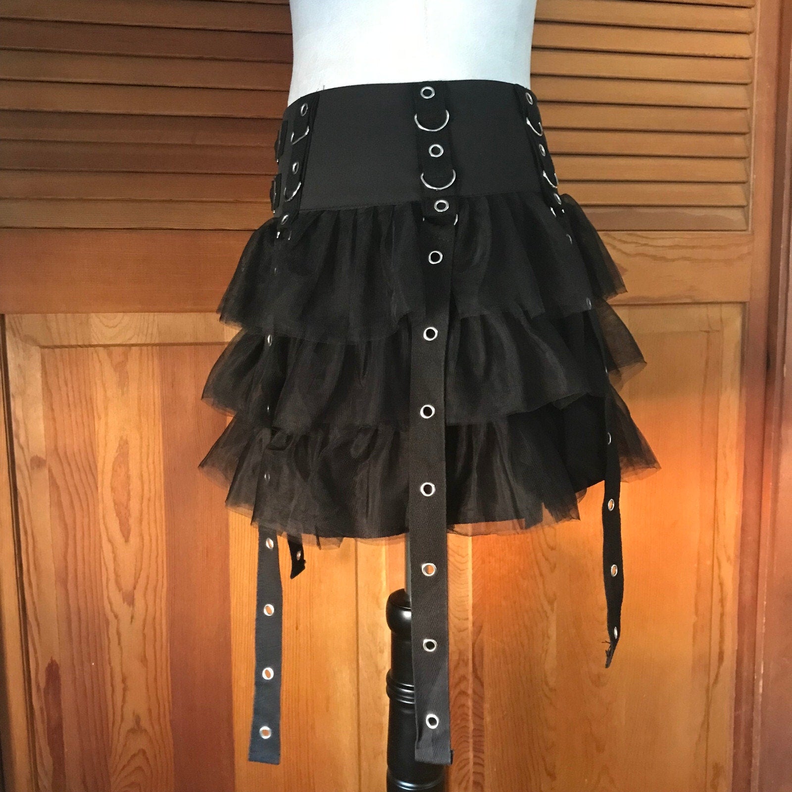 Goth Punk Visual Kei Black Buckle & Strap Ruffle Mini Skirt S