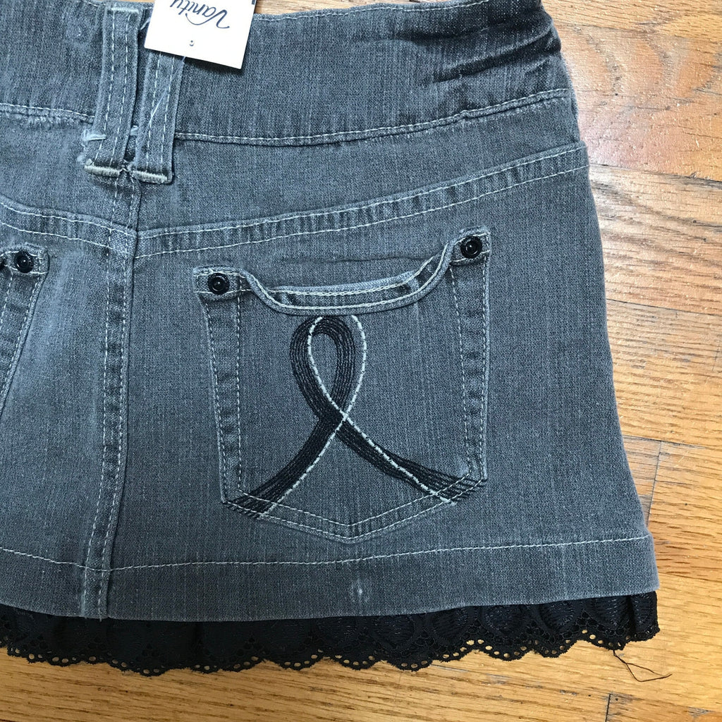 Punk Goth Gray Denim Rainy Day Mini Skirt w/ Black Lace Trim 9