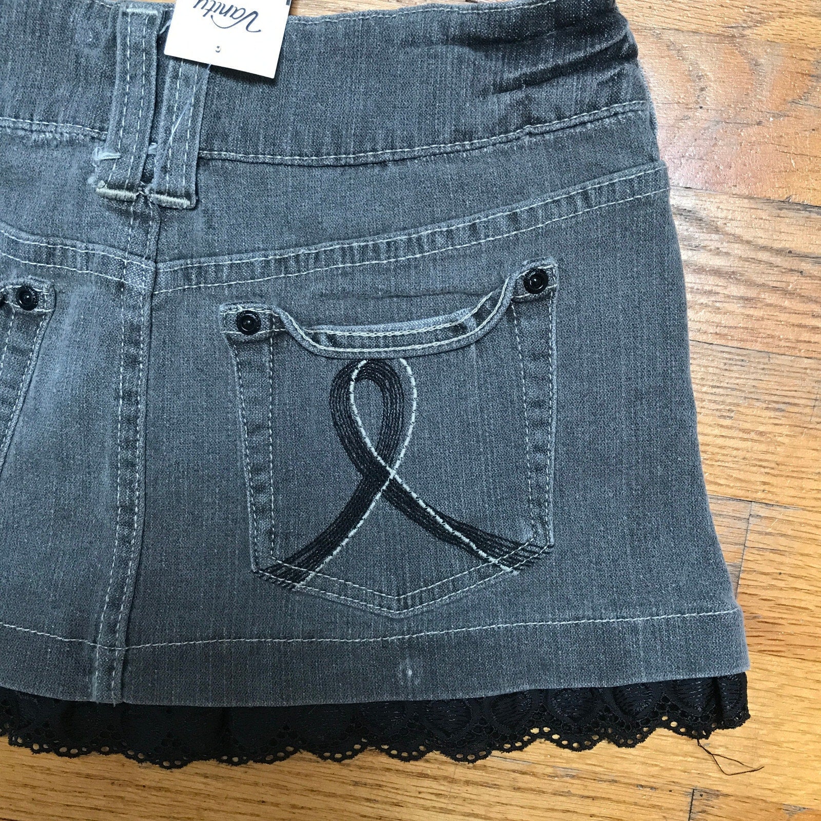 Punk Goth Gray Denim Rainy Day Mini Skirt w/ Black Lace Trim 9