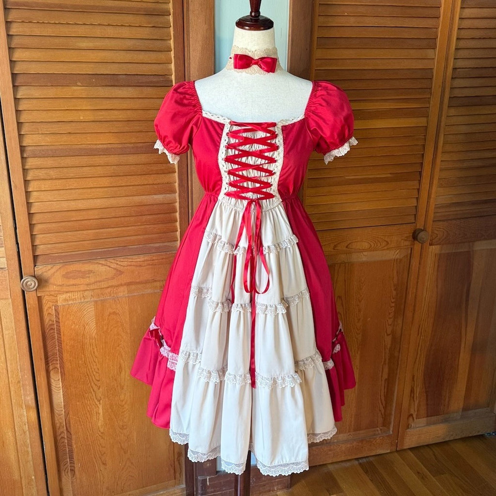 Bodyline ELG Lolita Kawaii Dollcore Red Beige Transformer Lace-Up Dress M