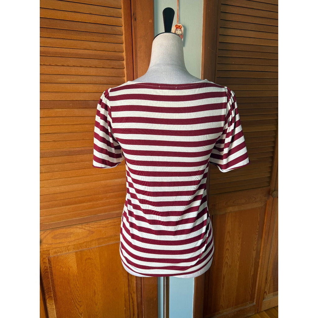 Axes Femme Jfashion Lolita Jirai Gyaru Kawaii Striped Burgundy White Lace Top M