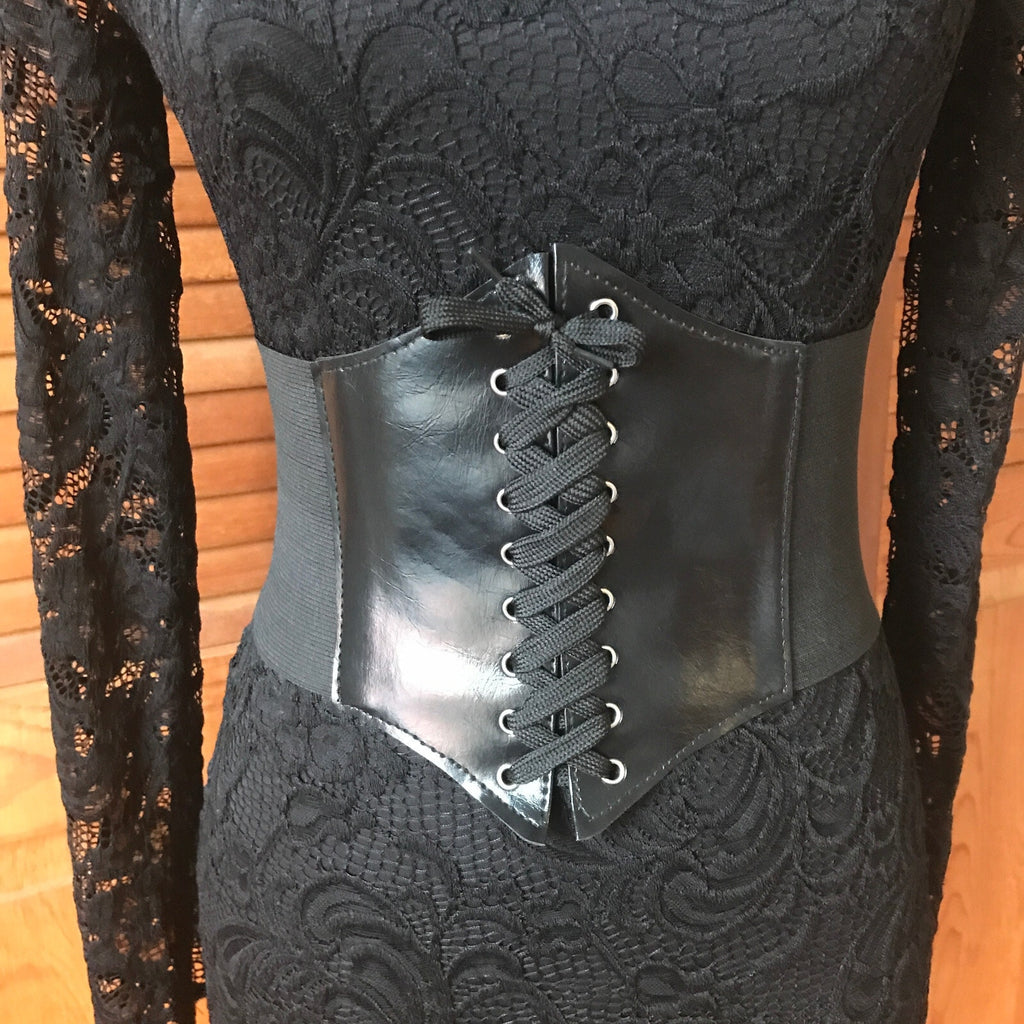 Gothic Victorian Black Lace Revamped Mini Dress w/ Cincher Belt S