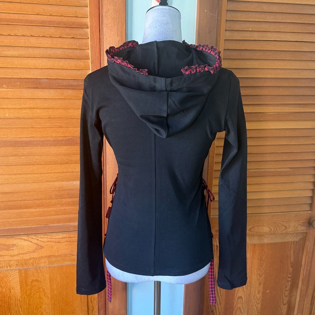 Tripp NYC Gothic Lolita Punk Black & Red Plaid Accents Lace-Up Sides Hoodie