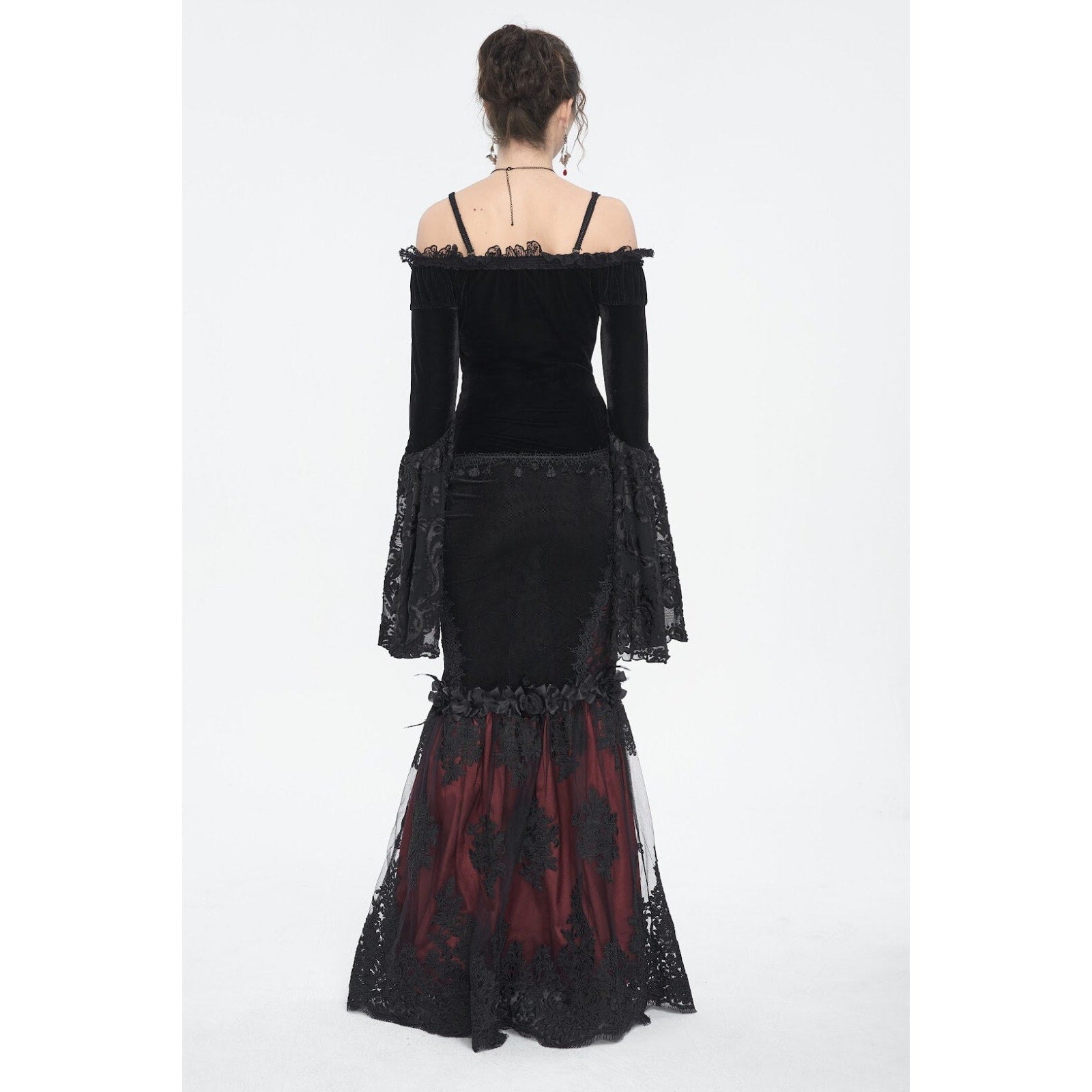 Devil Fashion Gothic Victorian Vampire Black Velvet Beaded Rose & Lace Top