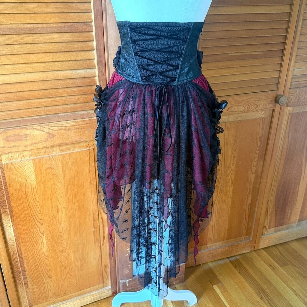 Devil Fashion Gothic Victorian Vampire Red Black Rose Cross Cincher Overskirt