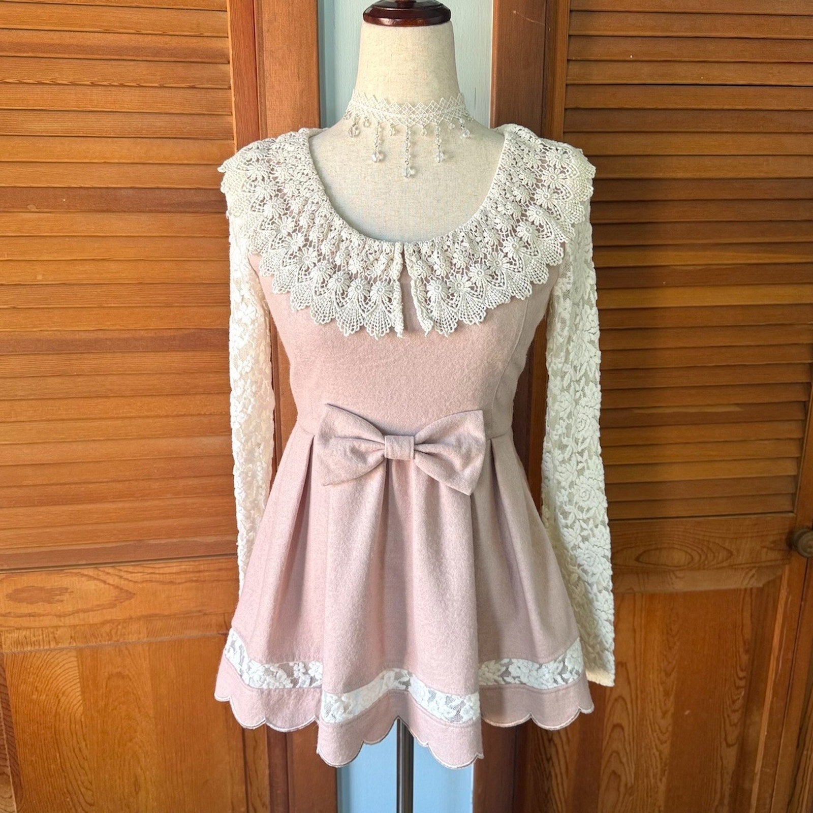 Liz Lisa J-Fashion Kawaii Jirai Gyaru Dollcore Pink White Lace Bow Tunic Dress S