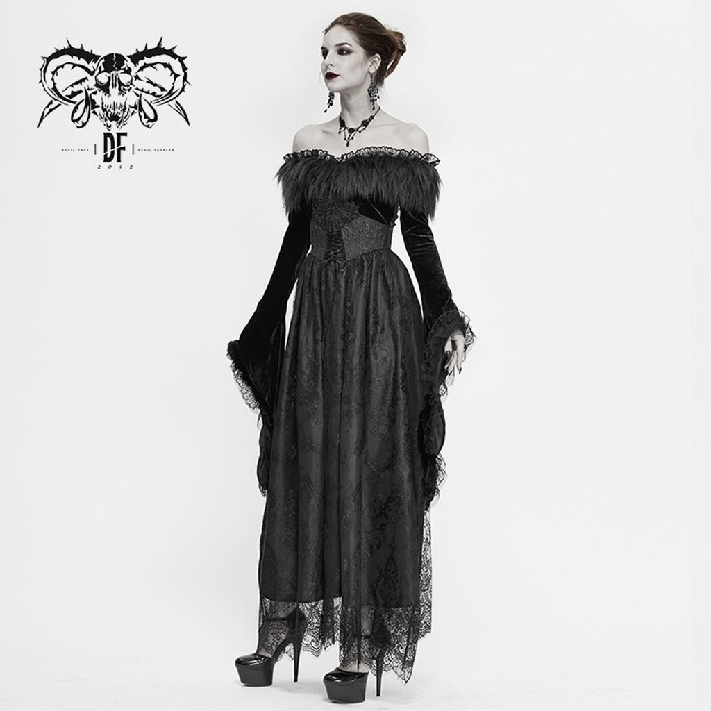 Devil Fashion Gothic Victorian The Beast Inside Black Velvet Lace & Fur Dress