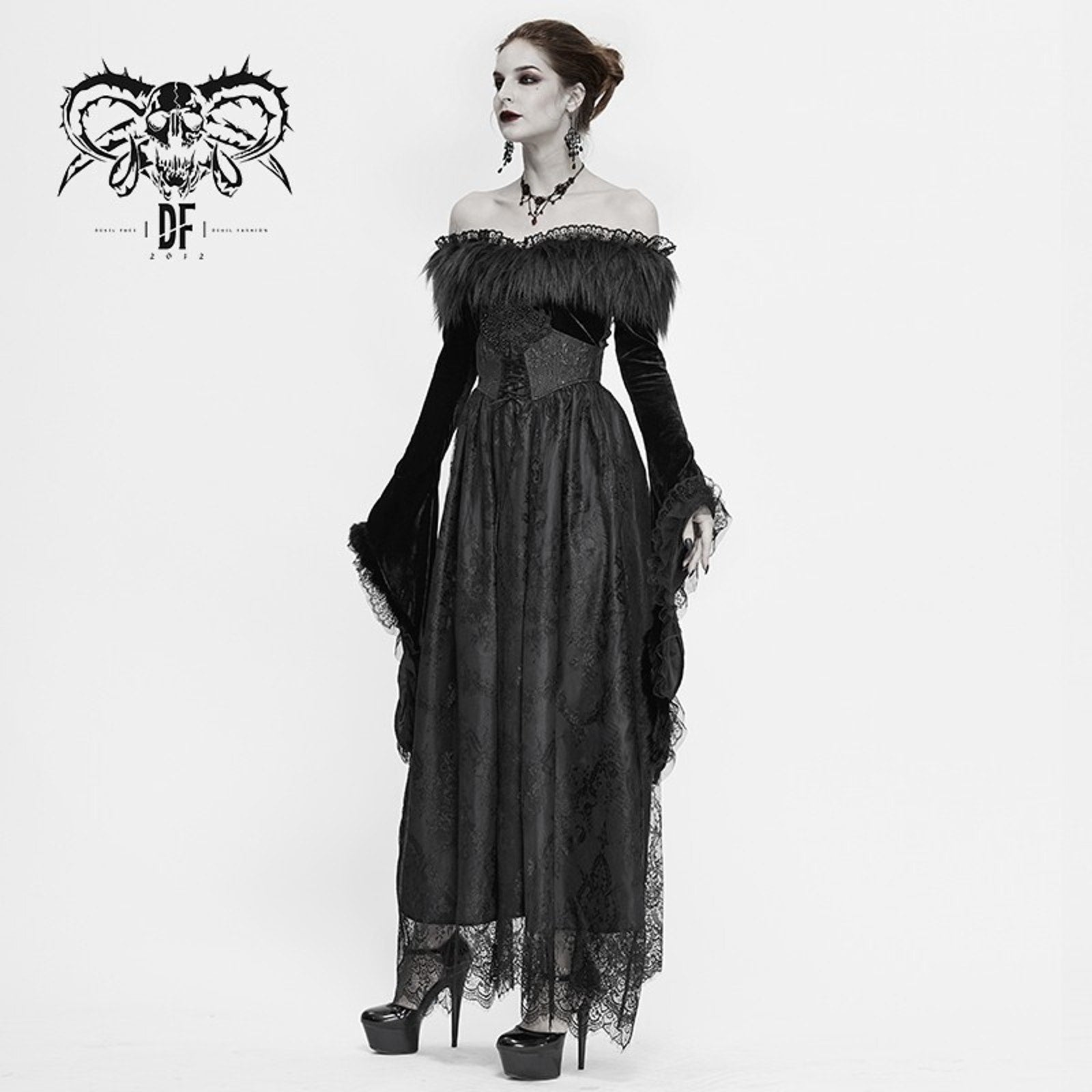 Devil Fashion Gothic Victorian The Beast Inside Black Velvet Lace & Fur Dress