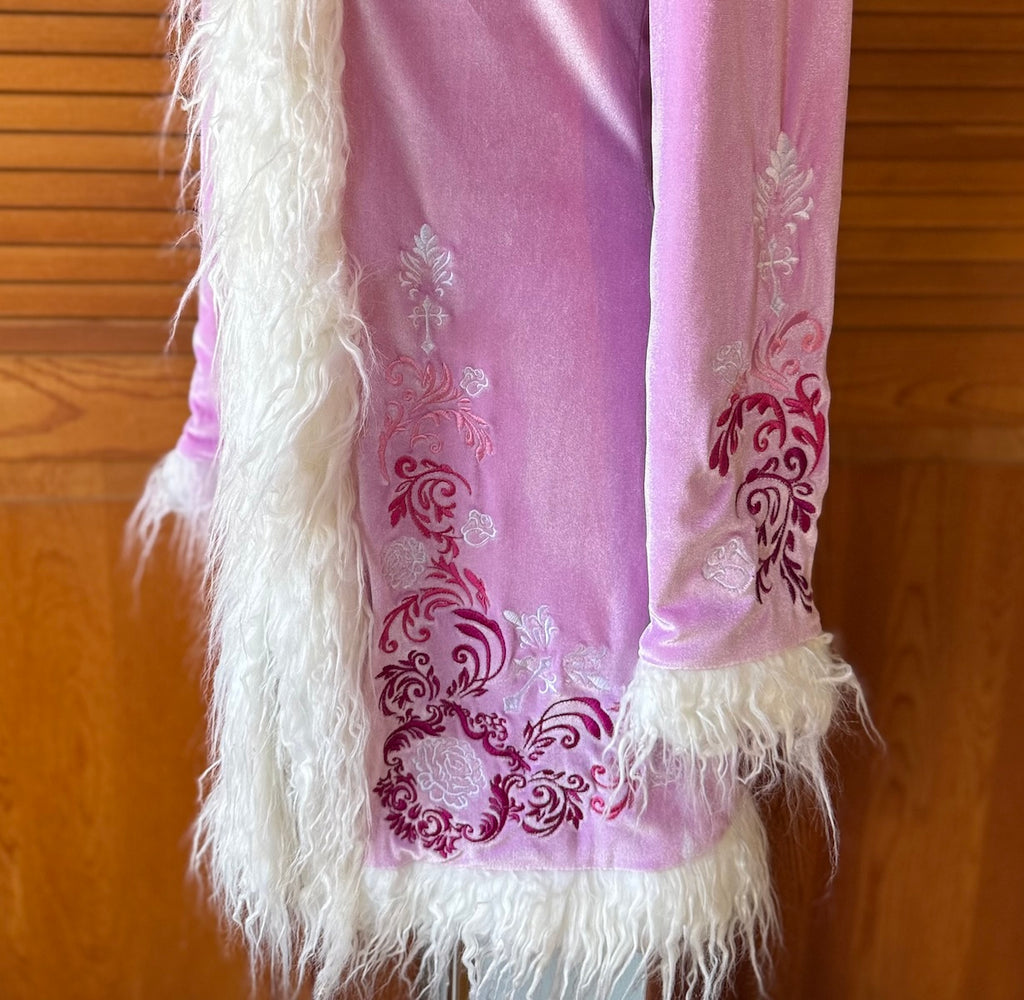 Dolls Kill Whimsigoth Victorian Dollcore Embroidered Pink Faux Fur Trim Jacket