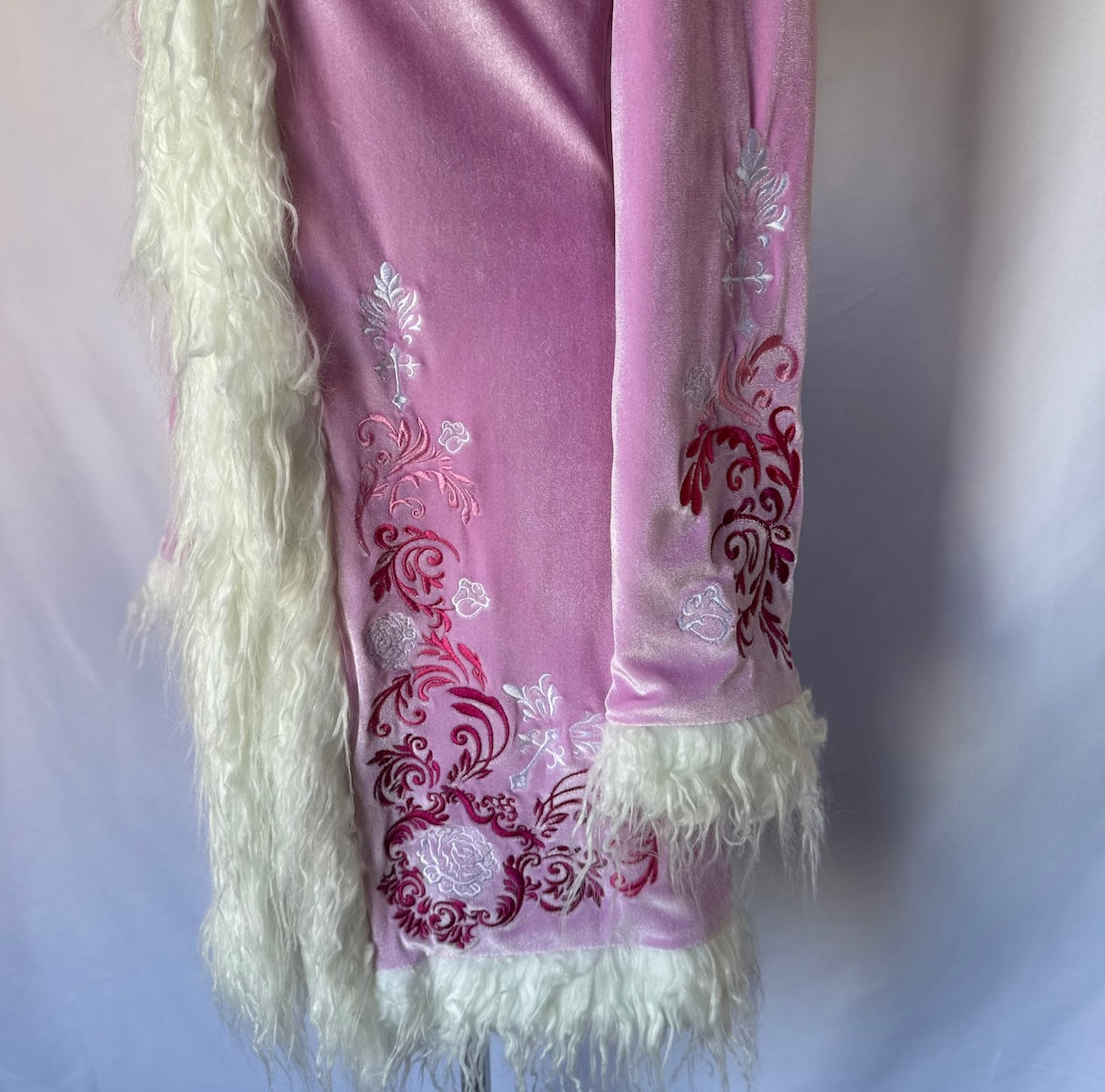 Dolls Kill Whimsigoth Victorian Dollcore Embroidered Pink Faux Fur Trim Jacket