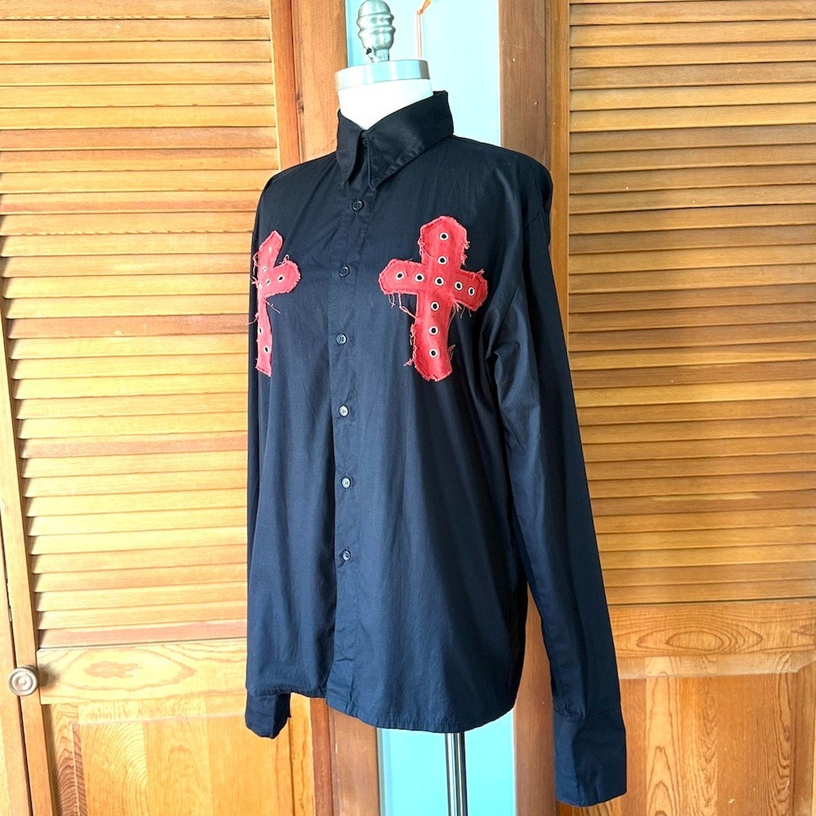 Vintage Gothic Victorian Vampire Punk Vkei Mens Black Cotton Red Cross Shirt L