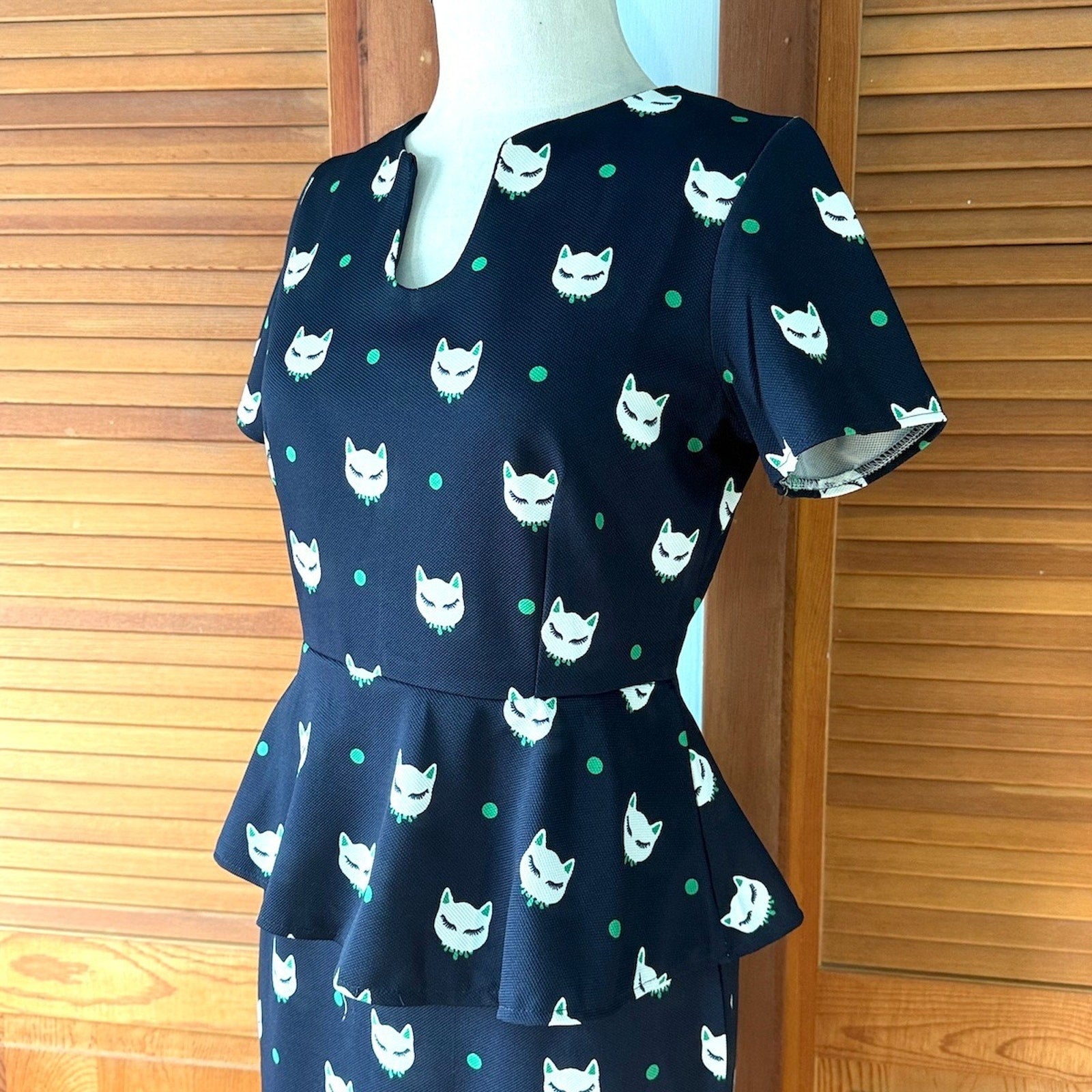 Vintage Retro Navy Blue Elegant Kitty Cat Peplum Dress M
