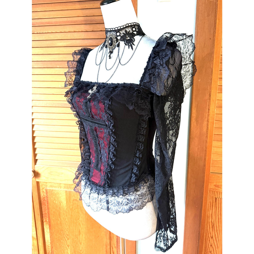 Gothic Victorian Vampire Cross Black & Red Lace Trim Long Sleeve Top