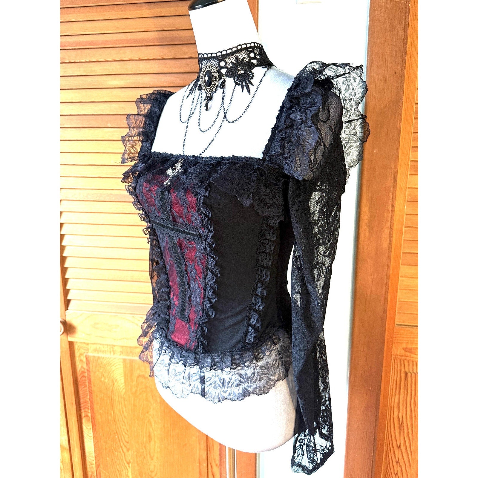 Gothic Victorian Vampire Cross Black & Red Lace Trim Long Sleeve Top