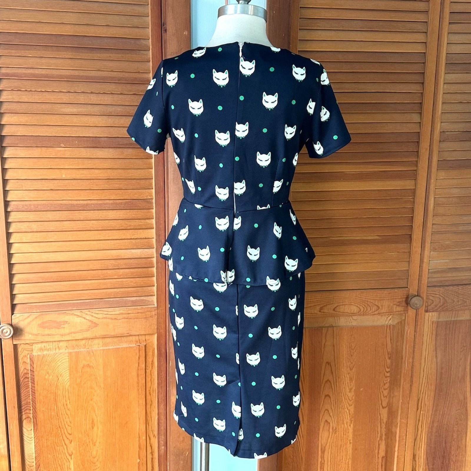 Vintage Retro Navy Blue Elegant Kitty Cat Peplum Dress M