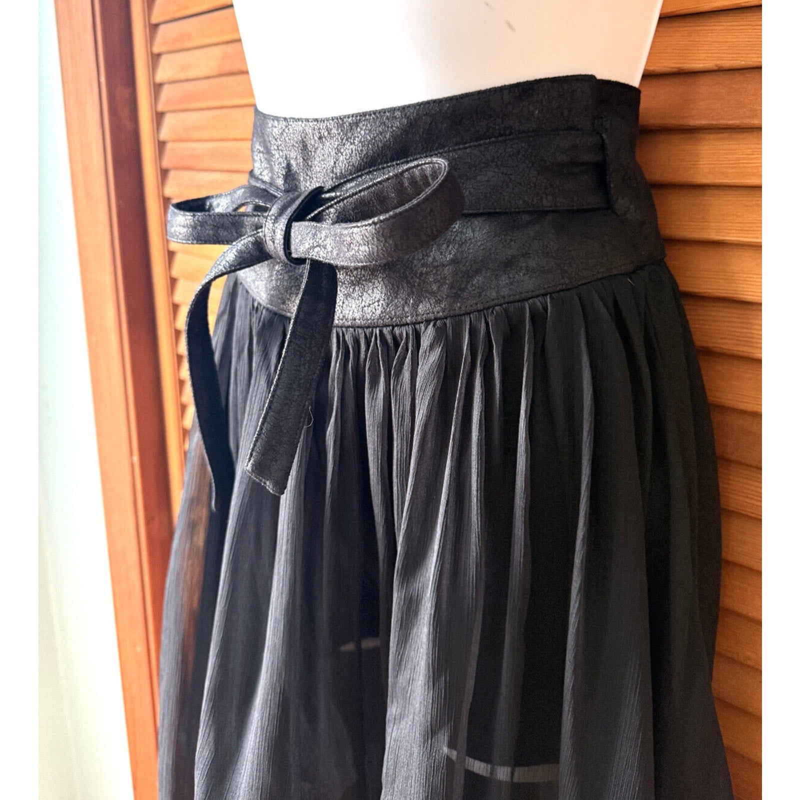 Punk Rave Gothic Victorian Steampunk Black Chiffon Faux Leather Skirt S-M