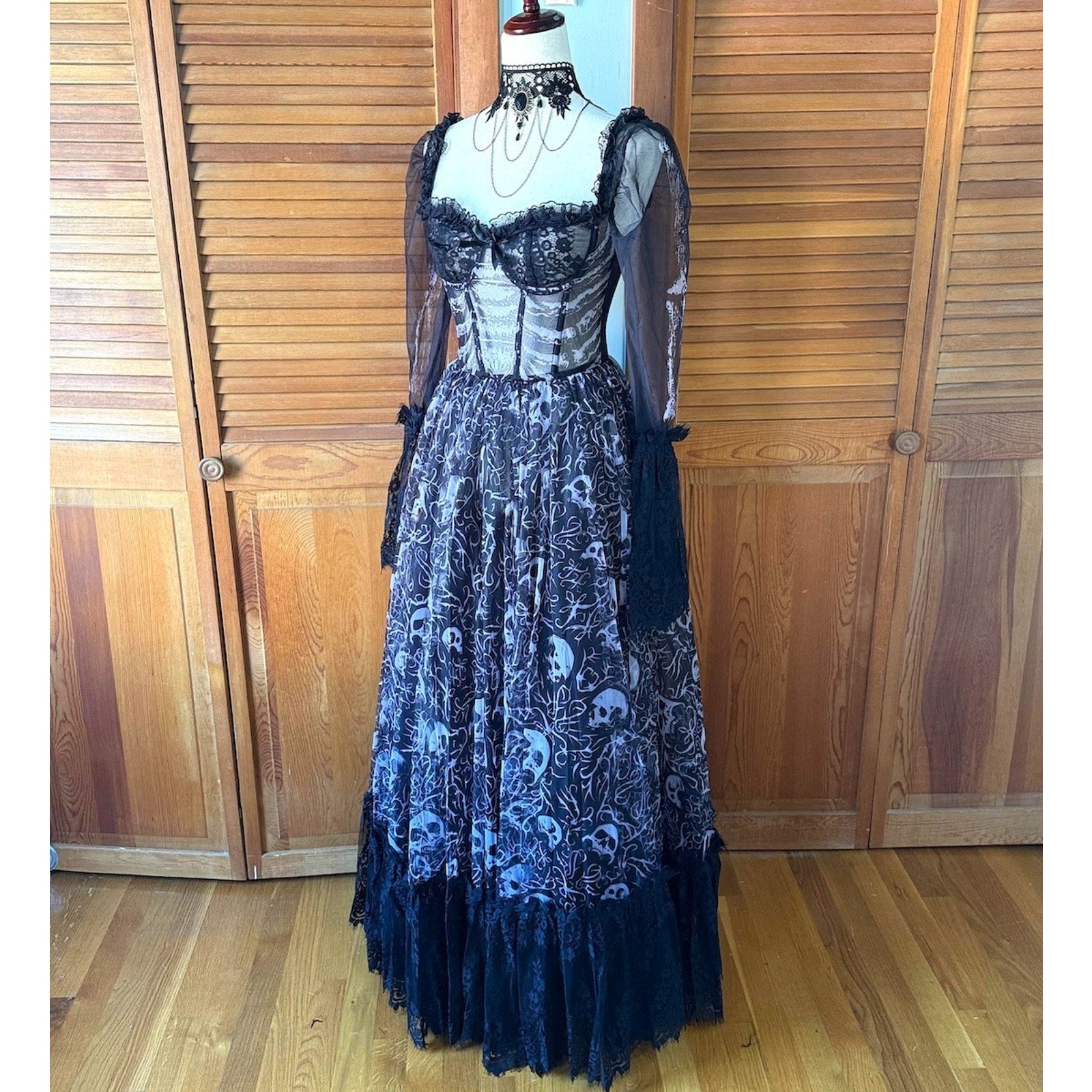 Dolls Kill Gothic Victorian Halloween Dance With Death Skulls Bones Dress Gown