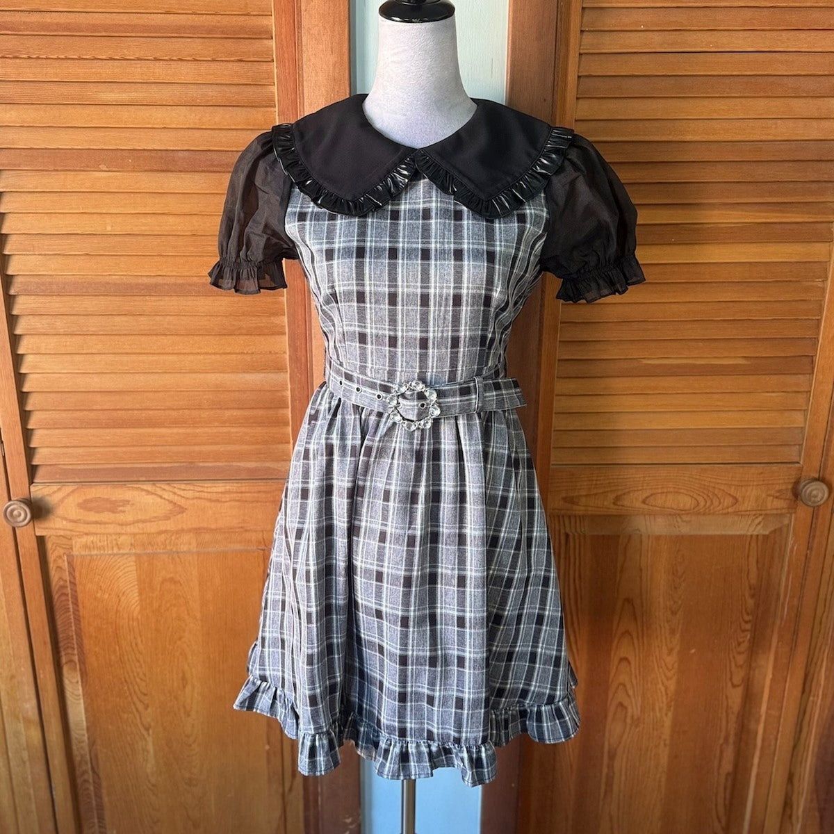 Ank Rouge J-fashion EGL Gyaru Harajuku Dollcore Gray Plaid Black Collar Dress M
