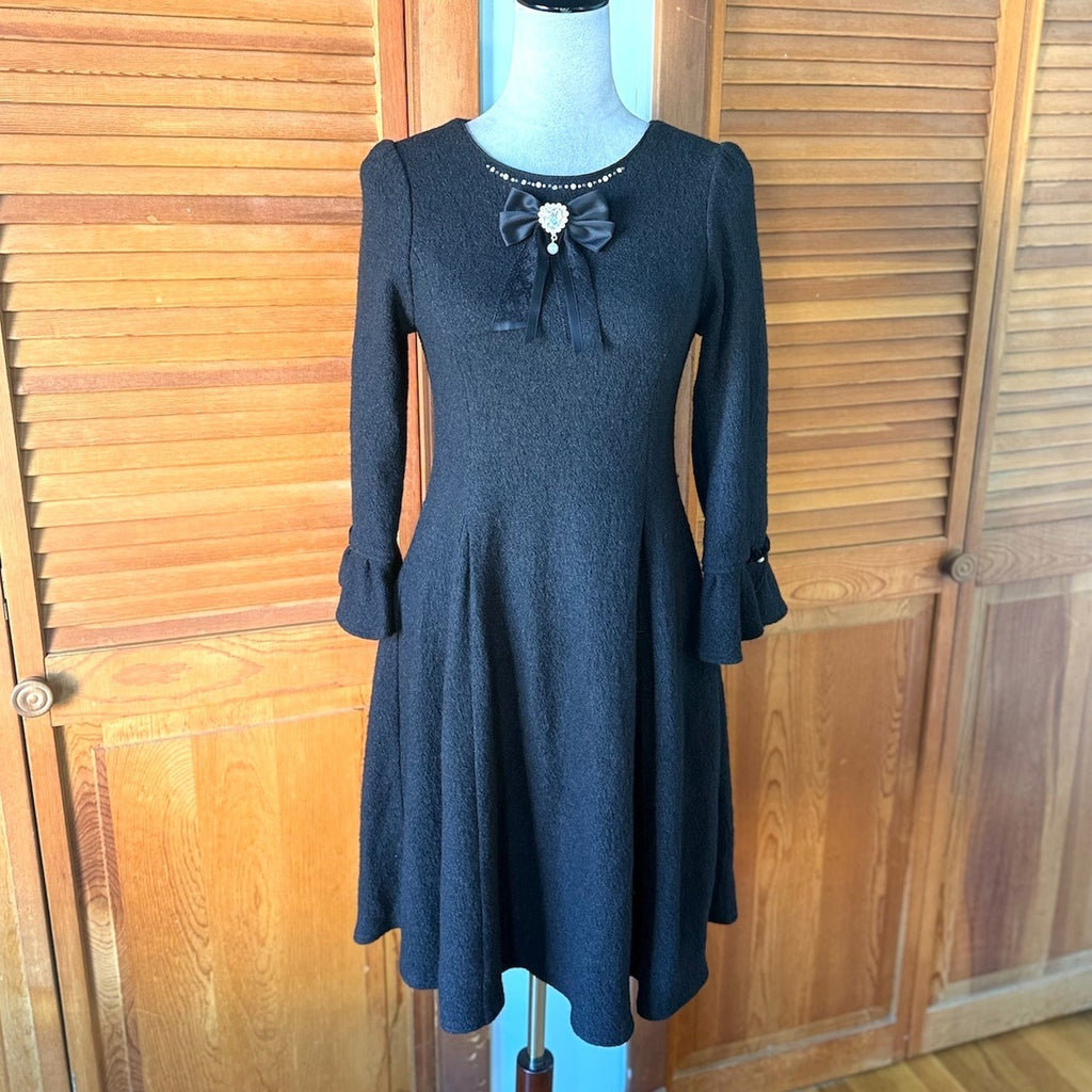 Lodispotto J-fashion Gyaru Jirai Black Wool Blend Beaded Bow Winter Dress M