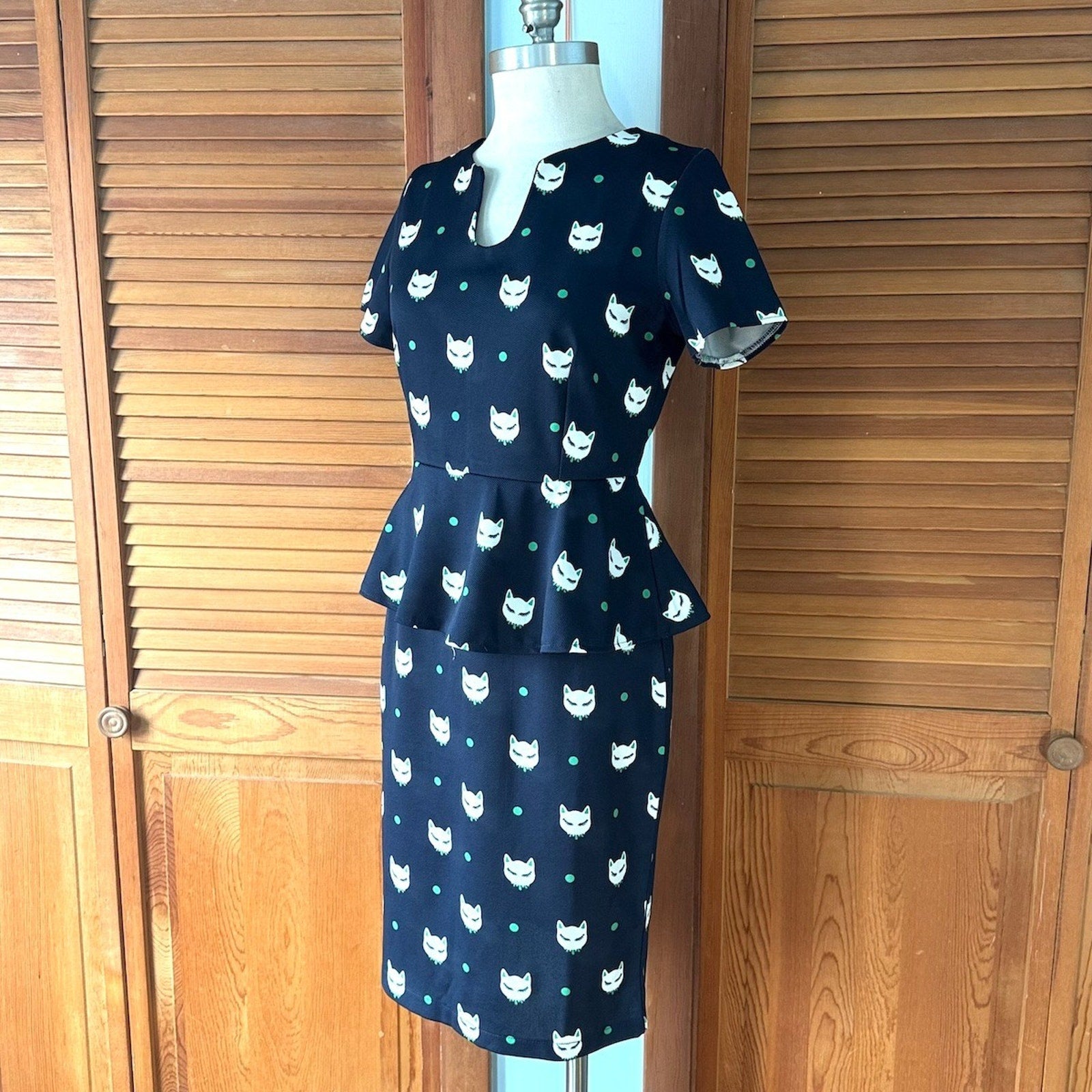 Vintage Retro Navy Blue Elegant Kitty Cat Peplum Dress M