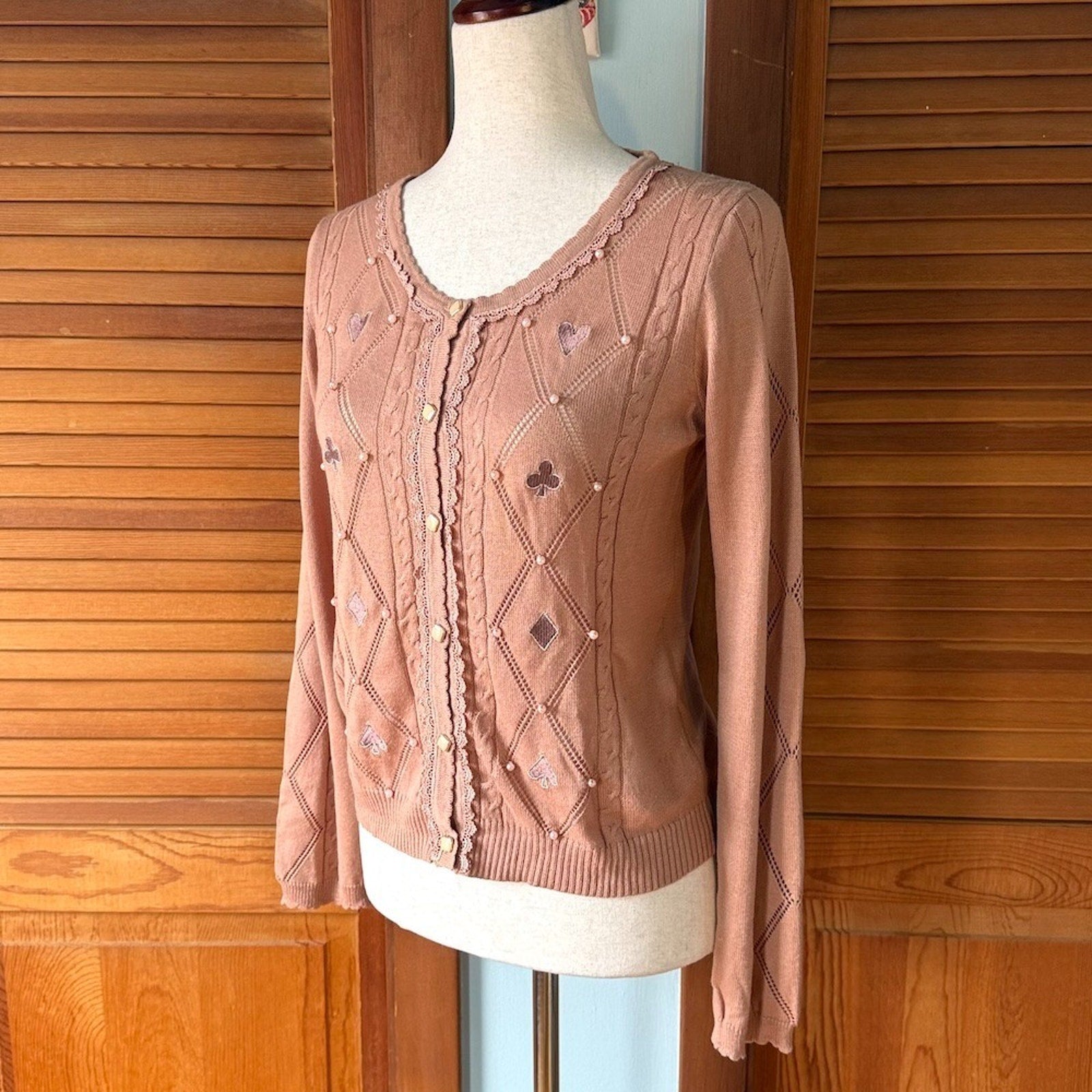 Axes Femme J-fashion Kawaii Dusty Pink Card Suits Pearls Cardigan Sweater M
