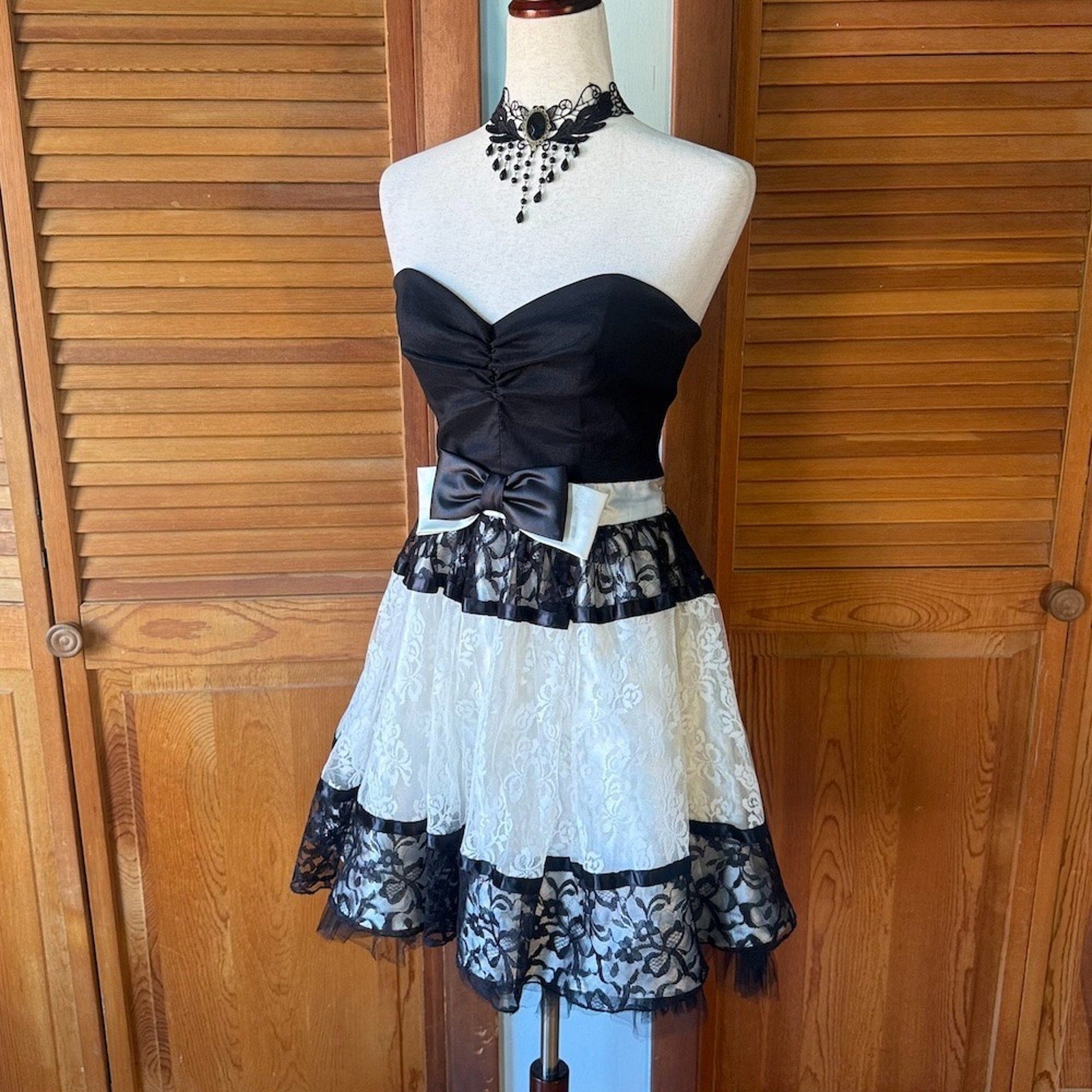 Vintage Jessica McClintock Gunne Sax Retro Ivory Black Bow Strapless Dress 11=M