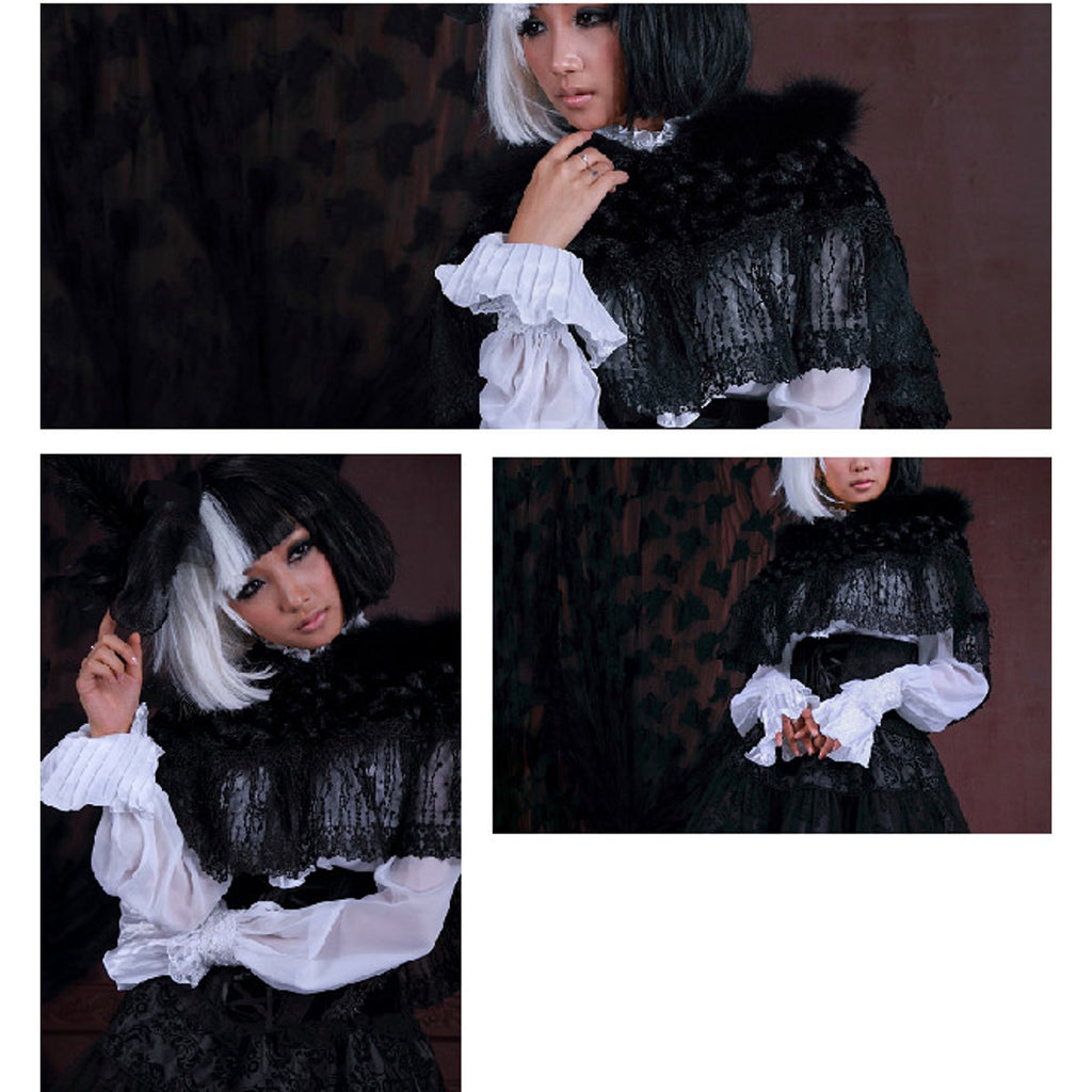 Gothic Lolita Steampunk Victorian Adorable Plush Fur & Lace Black Hooded Cape