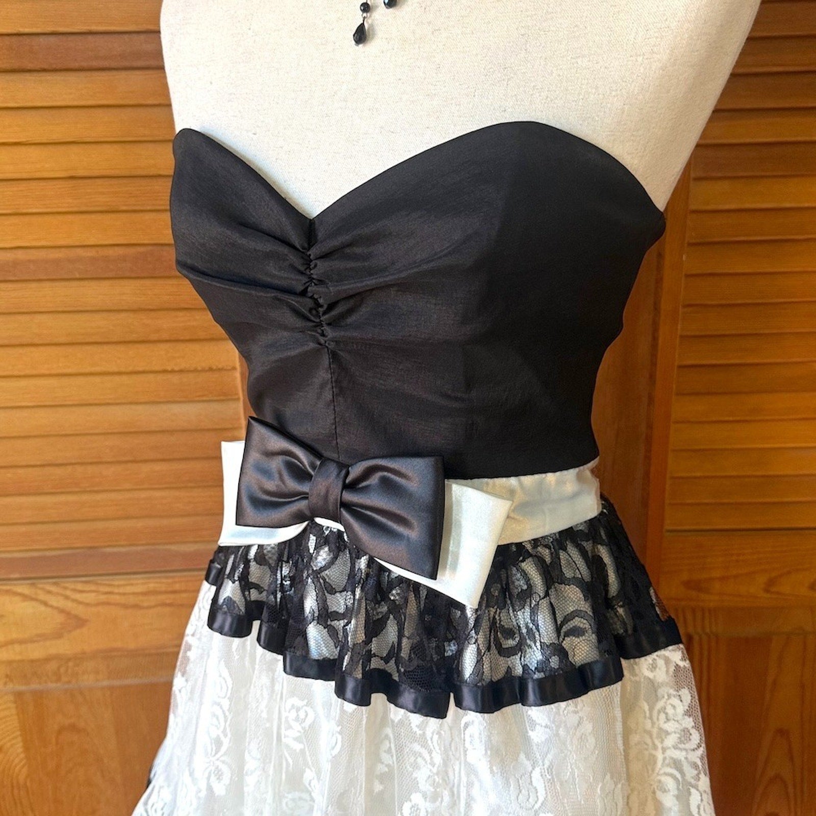 Vintage Jessica McClintock Gunne Sax Retro Ivory Black Bow Strapless Dress 11=M