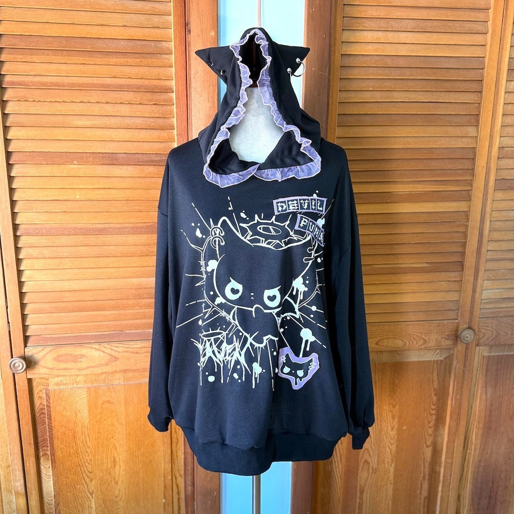 ACDC Rag Lolita EGL Yami Kawaii Devil Punk Kitty Cat Ears Black Hoodie Top