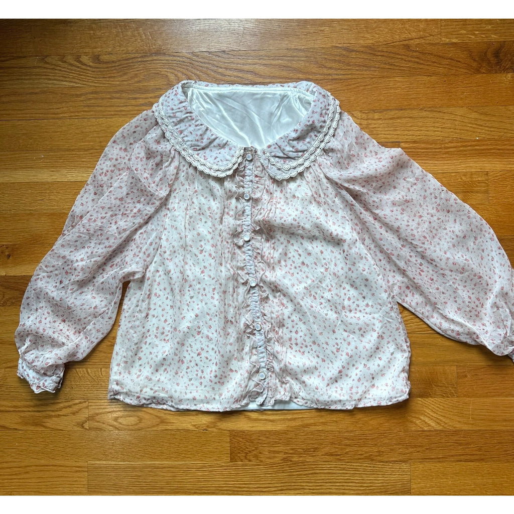 Whimsigoth Victorian J-fashion Lolita Jirai Ivory Pink Rose Wide Collar Shirt M