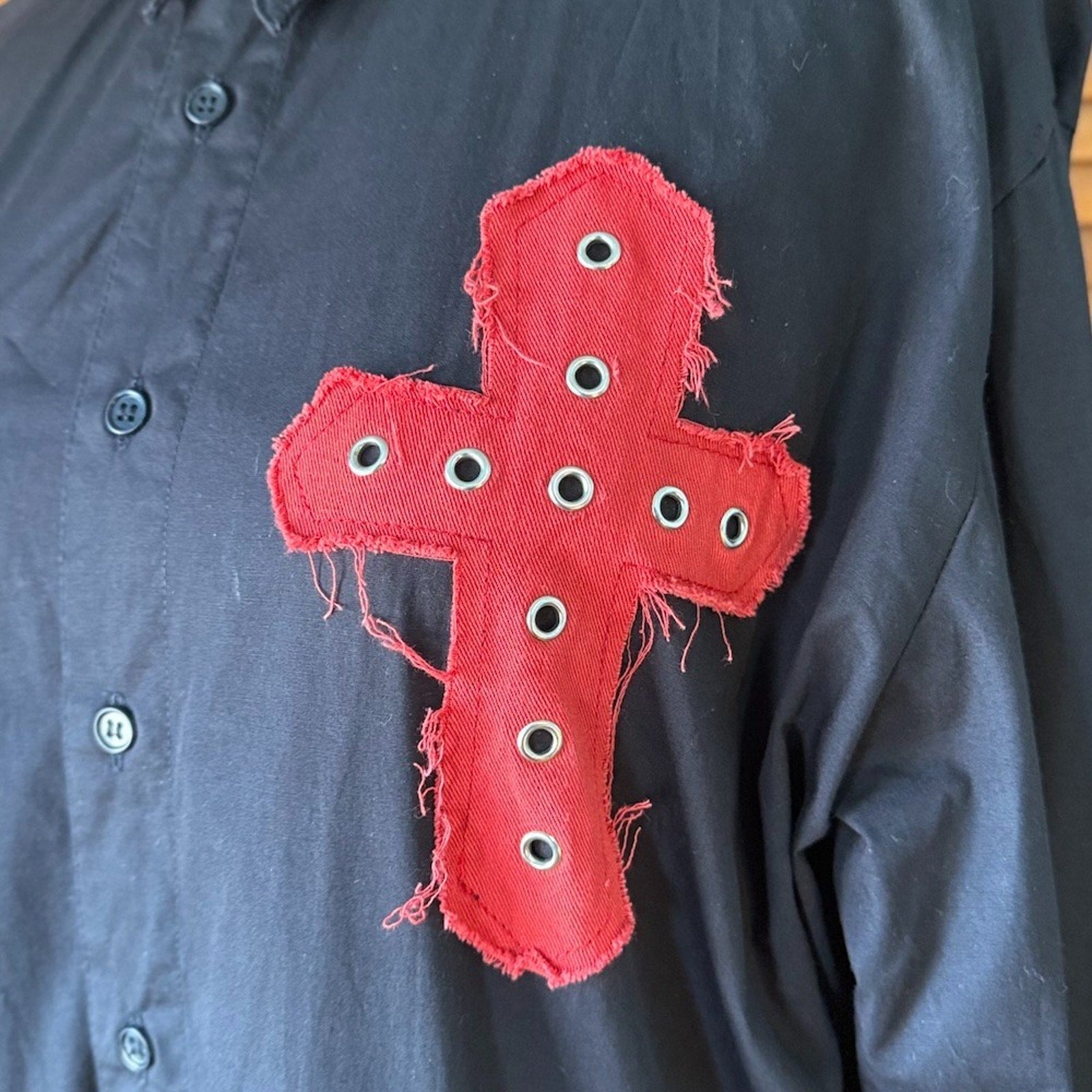 Vintage Gothic Victorian Vampire Punk Vkei Mens Black Cotton Red Cross Shirt L