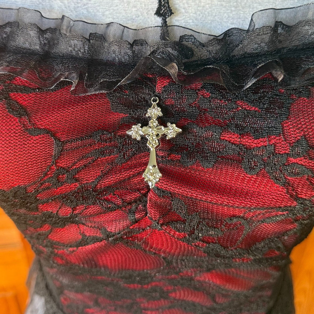 Gothic Victorian Vampire Vkei Blood Red Roses Black Lace Tank Cami Top