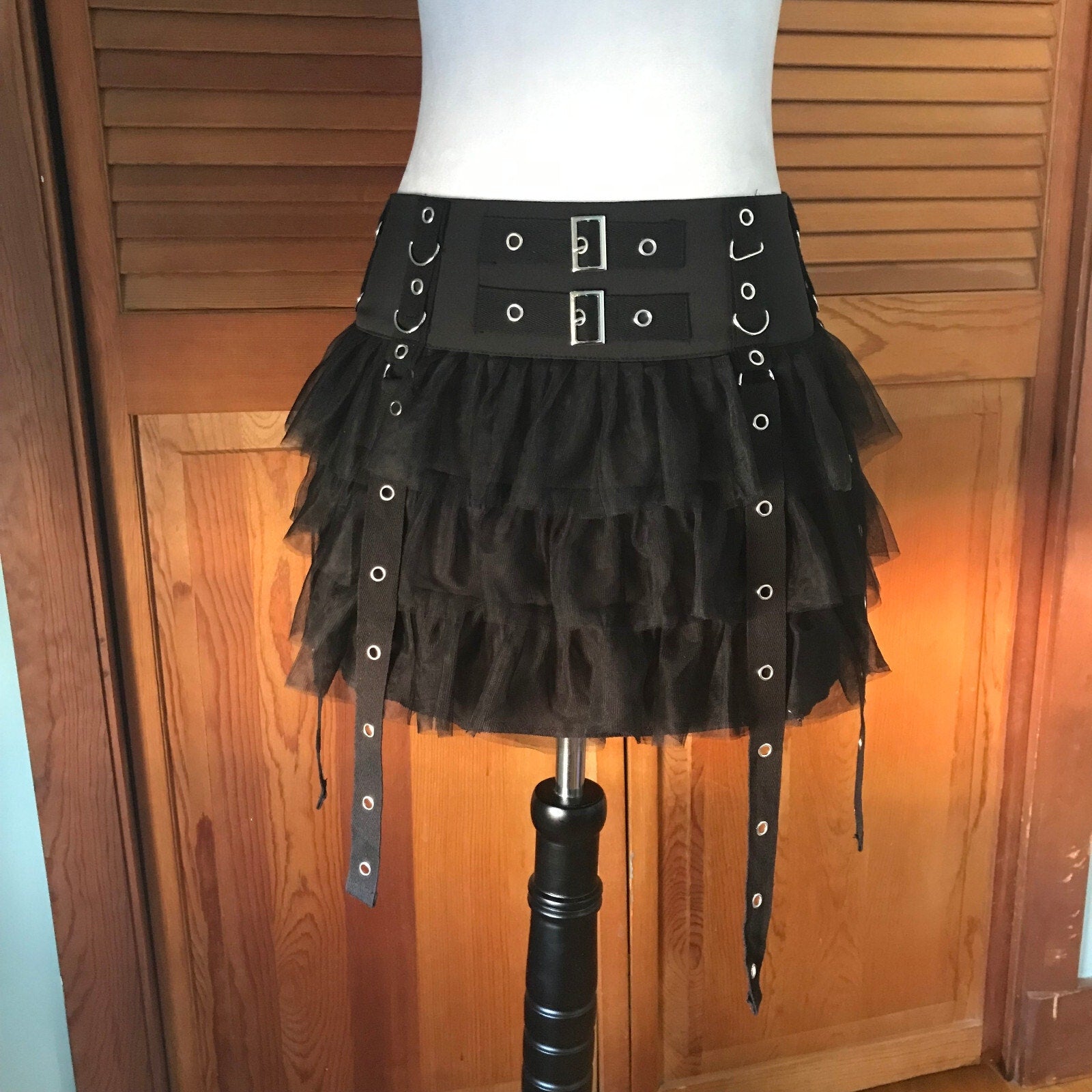 Goth Punk Visual Kei Black Buckle & Strap Ruffle Mini Skirt S