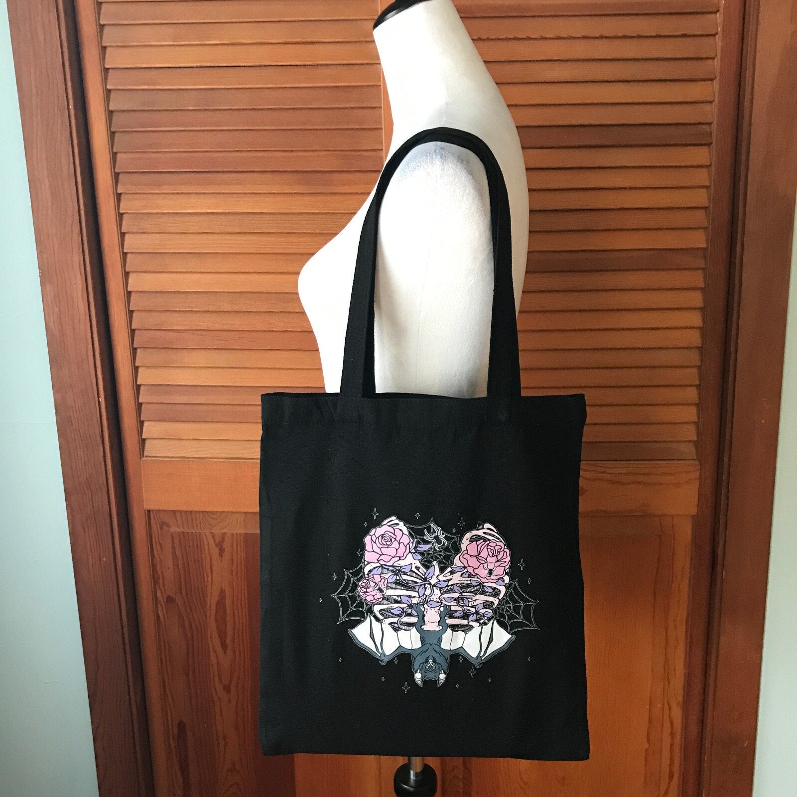 Gothic Lolita EGL Punk Pink & Black Rib Cage Roses & Bat Skelton Tote Bag