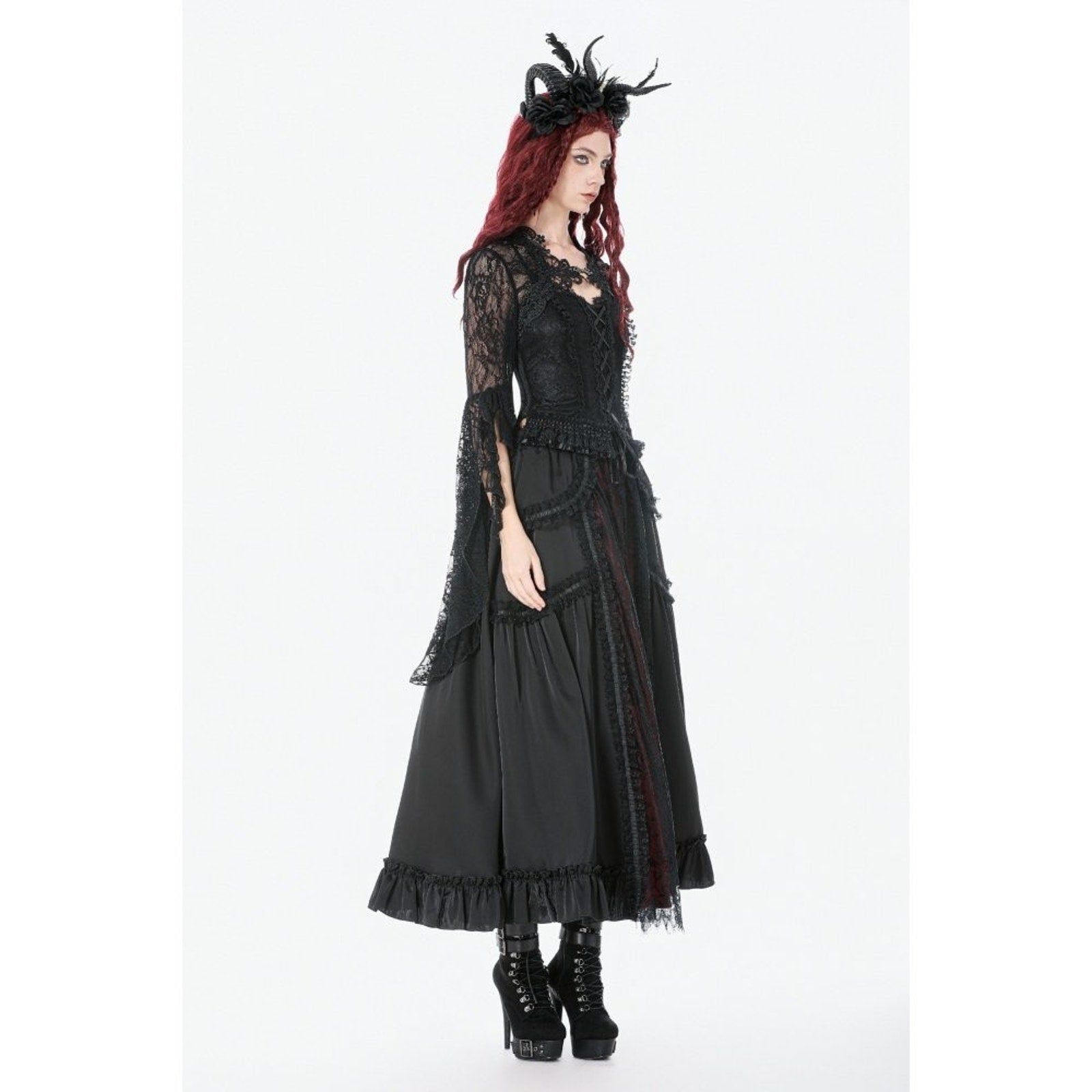 Dark in Love Gothic Victorian Vampire Vkei Black & Red Satin Ruffle Lace Skirt