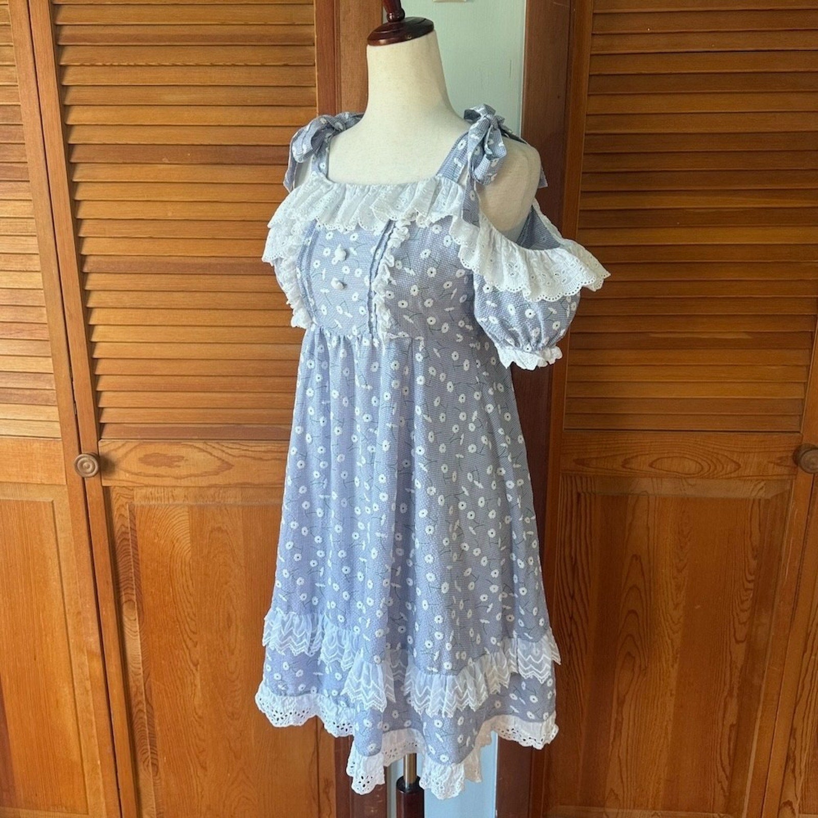 J-fashion Kawaii Lolita Cottagecore Blue White Daisy Bow Dolly Summer Dress S