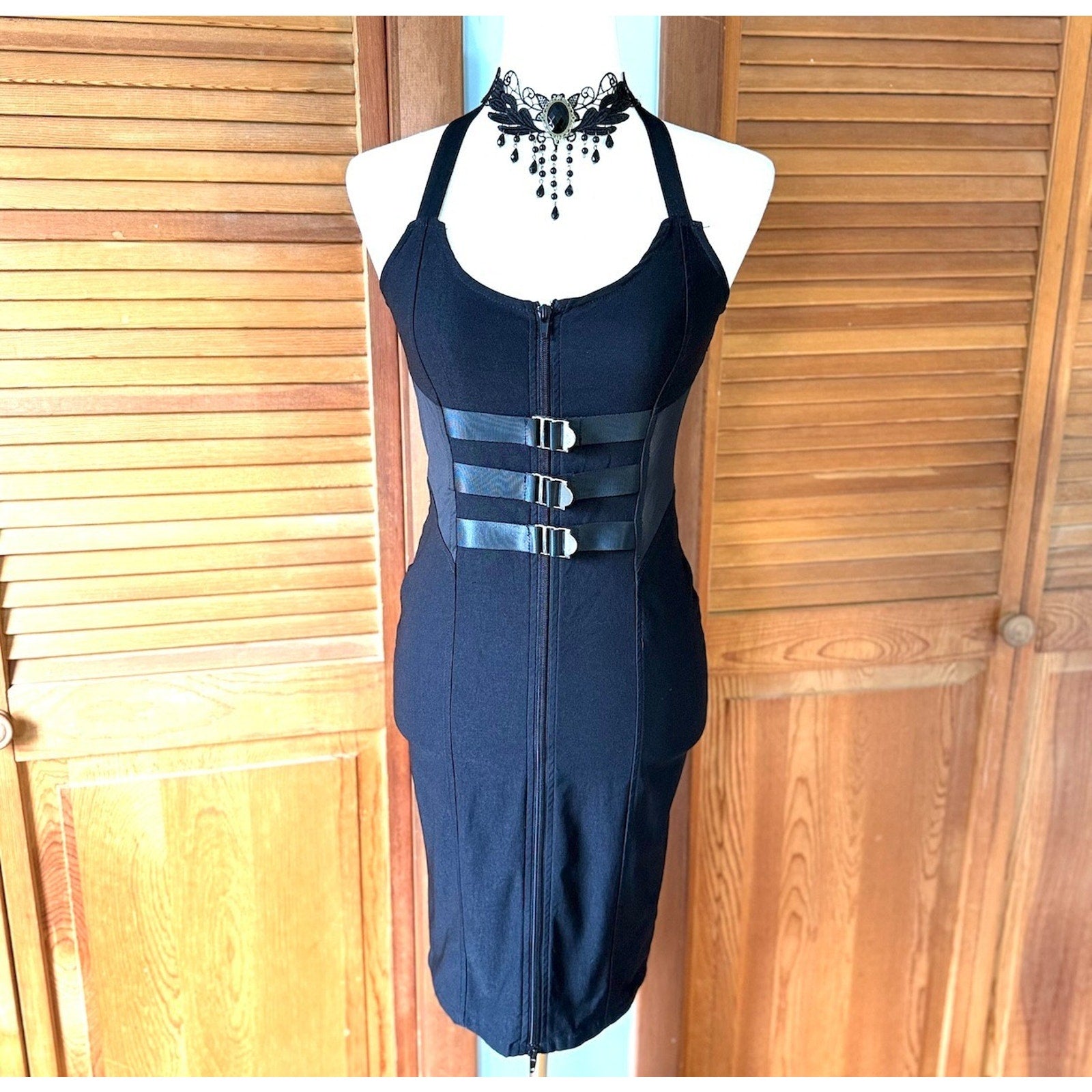 Killstar Punk Goth Cyber Pinup Y2K Buckle & Mesh Black Dress XS
