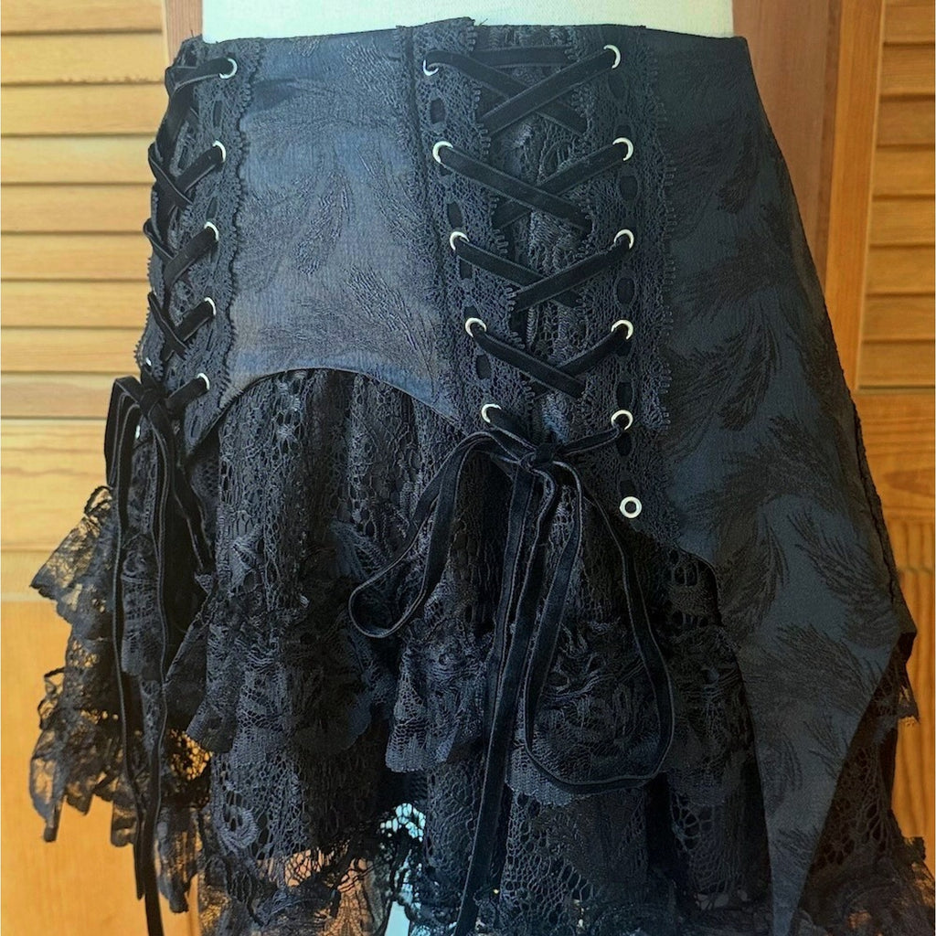 Dark in Love Gothic Victorian Vampire Black Brocade & Lace Swallow Tail Skirt