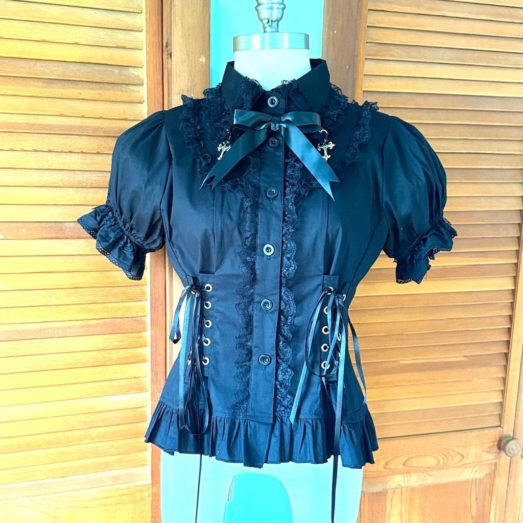 ACDC Rag Gothic Lolita EGL Aristocrat Black Lace-Up Cross Transformer Shirt