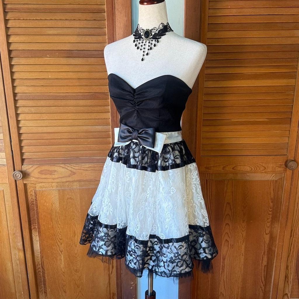 Vintage Jessica McClintock Gunne Sax Retro Ivory Black Bow Strapless Dress S