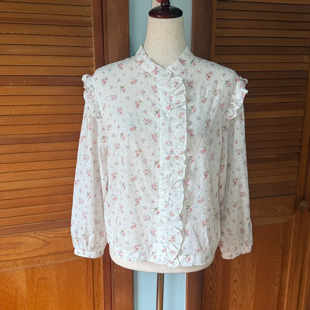 Vintage Style Romantic Victorian Whimsigoth White Cotton Pink Rose Ruffle Shirt