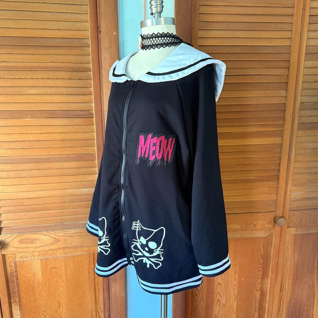 ACDC Rag Punk Goth Emo Black & White Kitty Cat Sailor Collar Jacket Plus Size