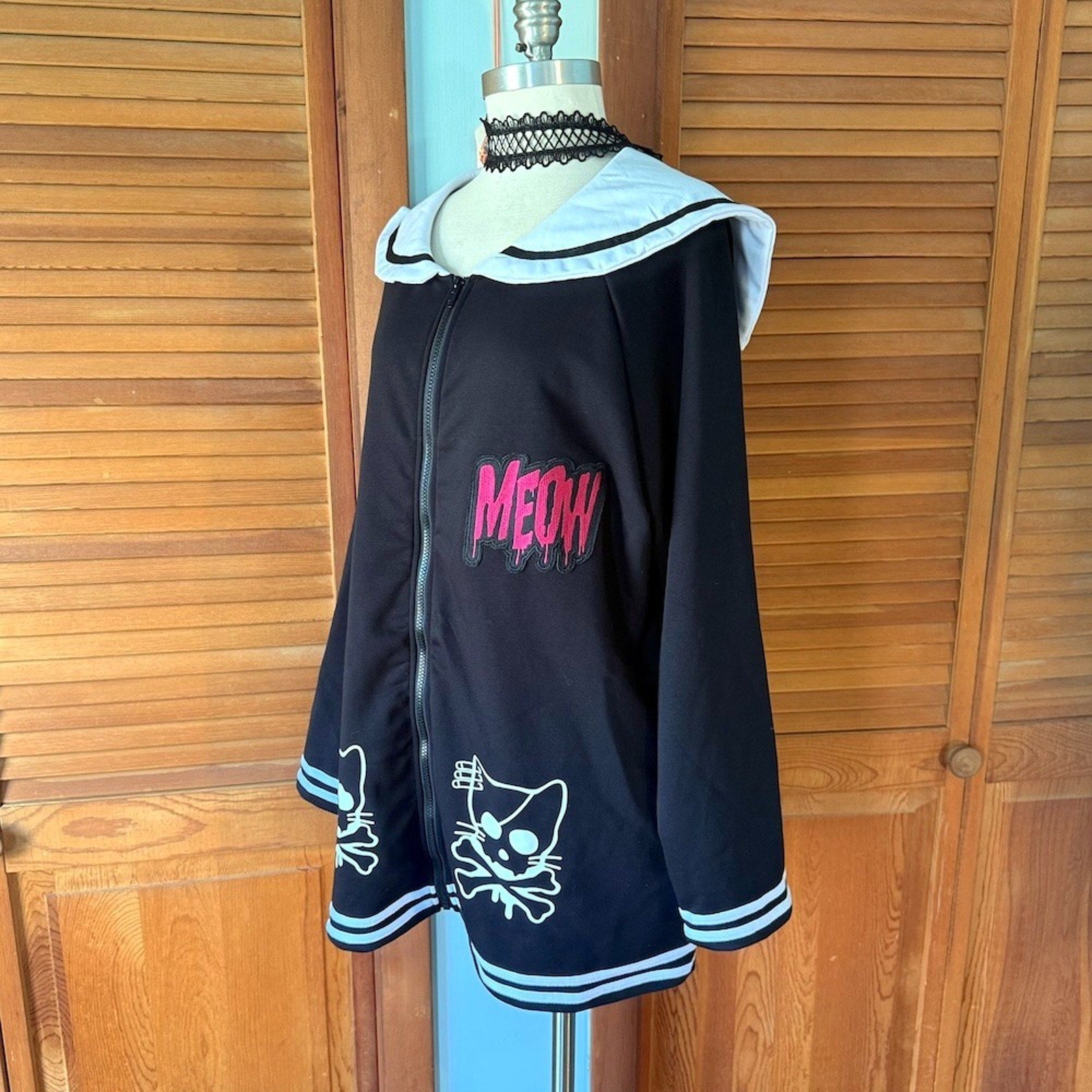 ACDC Rag Punk Goth Emo Black & White Kitty Cat Sailor Collar Jacket Plus Size