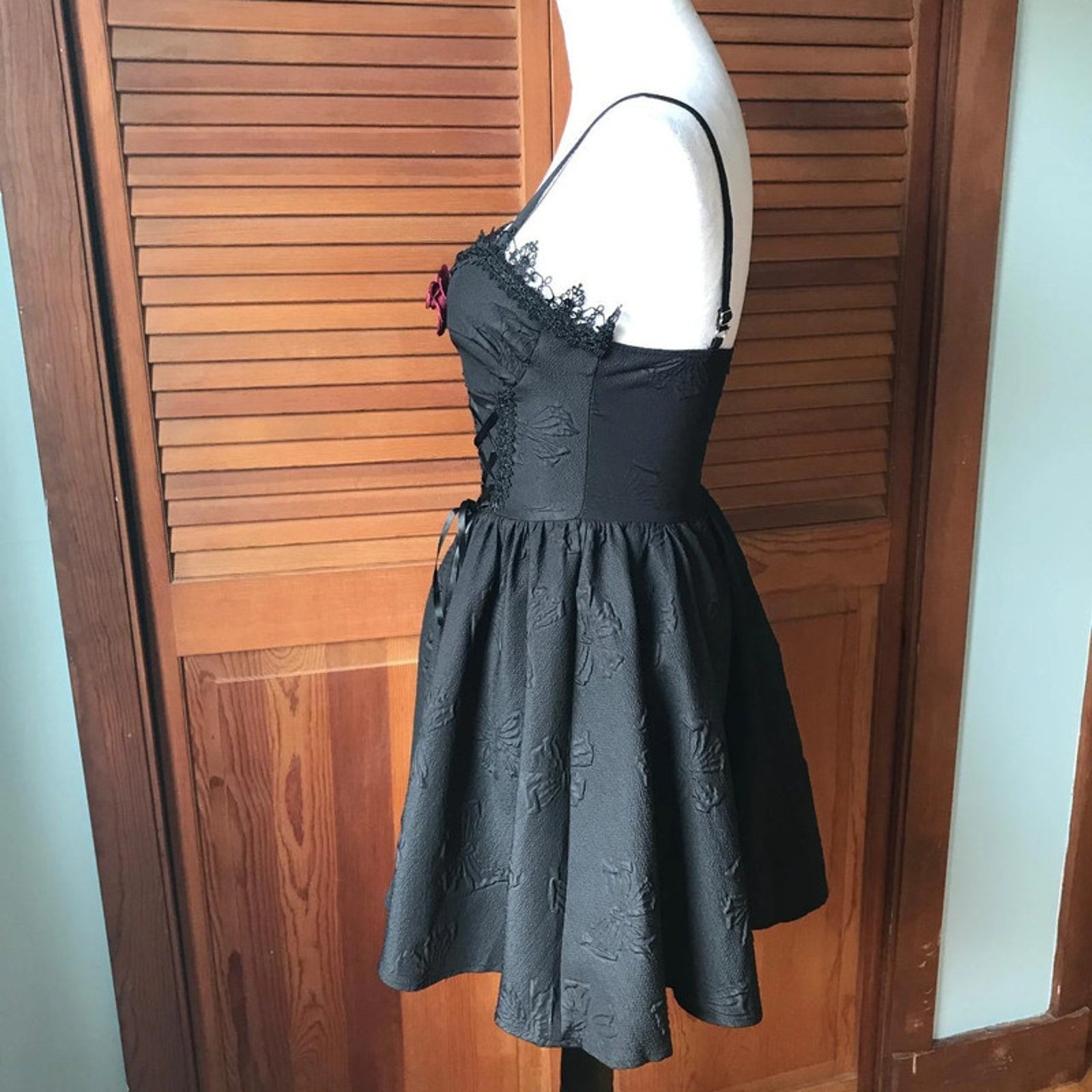 Gothic Lolita Victorian Black Textured Lace-up Panel Mini Dress S