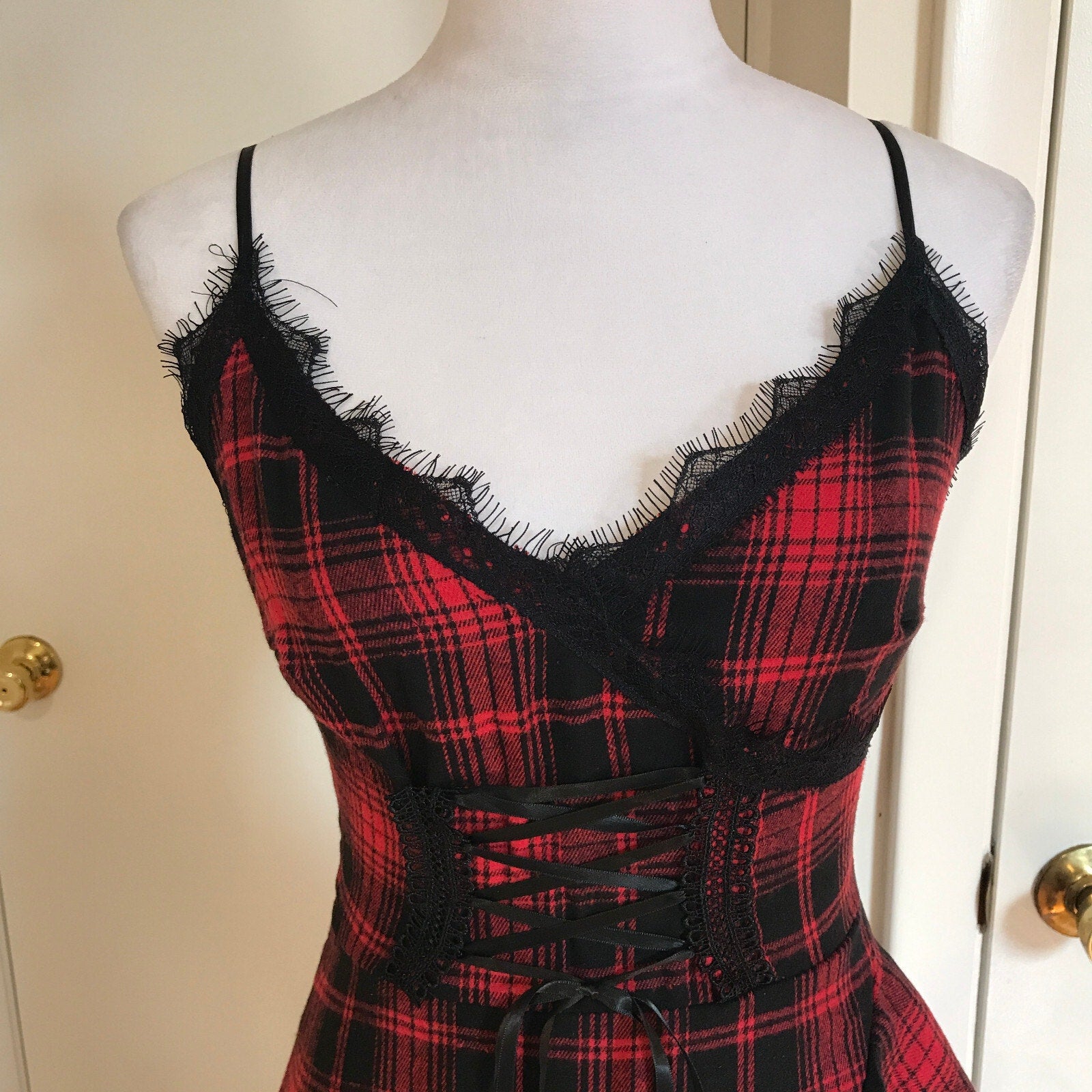 Punk Goth Visual Kei Red & Black Plaid Tartan Asymmetrical Hem Dress S