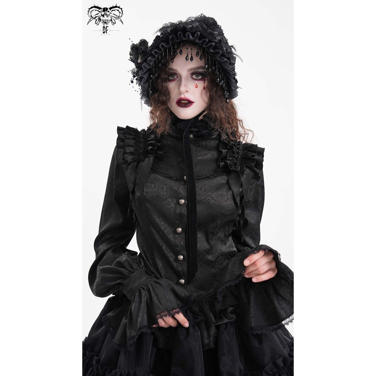 Devil Fashion Gothic Victorian Aristocrat Vkei Ruffle Shoulder Shirt Top