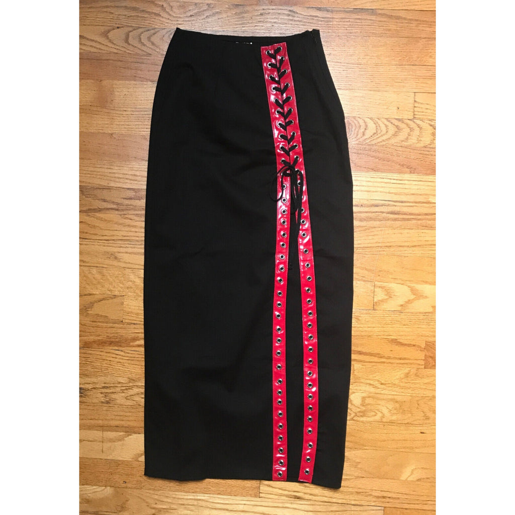 Phaze UK Punk Goth Black Cotton Red Vinyl Lacing Long Skirt